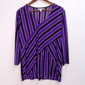 Dana Buchman XXL Top Blouse Purple‎ Black White Striped V Neck Casual /#8066